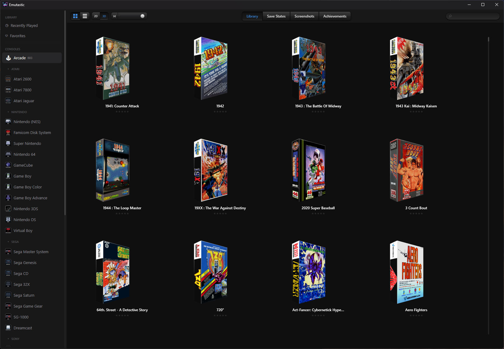 Emutastic library view — modern flat UI with red accent toolbar buttons